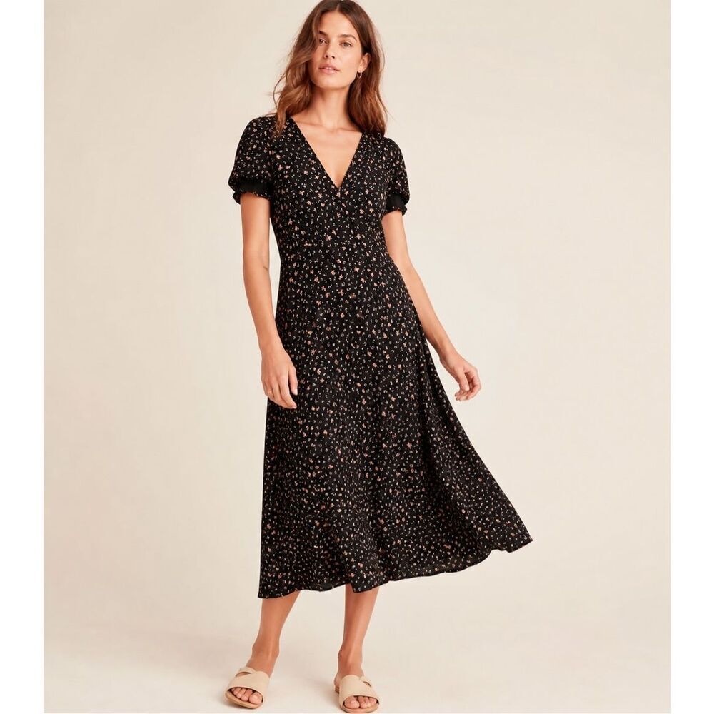 Madewell Floral Midi Dress Size 2 Black V-Neck Cottagecore Feminine
